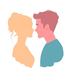 A couple's silhouette with soft pastel colors against a white background, representing intimacy and togetherness with a flat design style