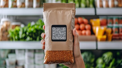 A hand holds a bag of grains with a QR code, set against a backdrop of a grocery store filled with fresh produce.
