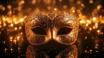 Golden carnival mask with elaborate filigree design, set against a black mirror surface, reflecting a soft glow from surrounding lights, mysterious and elegant