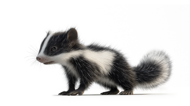 A small black and white striped skunk is laying on its back with its head up
