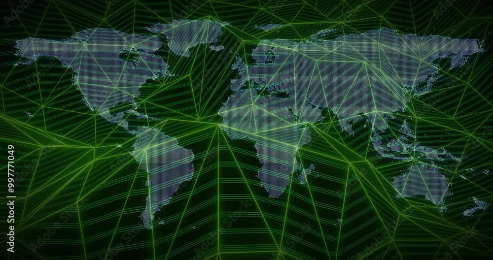 Poster animation of world map over network of connections on black background