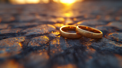 close-up shot of two gold wedding rings resting on textured fabric, symbolizing eternal love, commitment, and the sacred bond of marriage, highlighting the timeless significance of union
