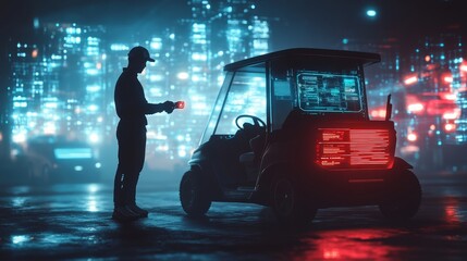 Golfer standing beside a golf cart, using an AI-assisted cigar cutter, high-tech gadgets visible, futuristic setting, holographic interface, sci-fi atmosphere, sharp focus