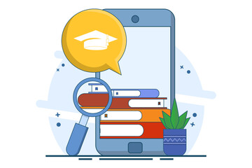E-learning concept, Online education, digital library, e-book, classroom, online course tutorials and apps, university studies and back to school. Flat vector illustration on background.