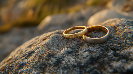 close-up shot of two gold wedding rings resting on textured fabric, symbolizing eternal love, commitment, and the sacred bond of marriage, highlighting the timeless significance of union