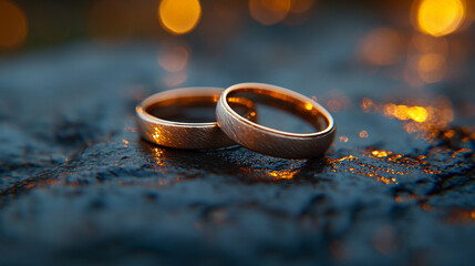 close-up shot of two gold wedding rings resting on textured fabric, symbolizing eternal love, commitment, and the sacred bond of marriage, highlighting the timeless significance of union