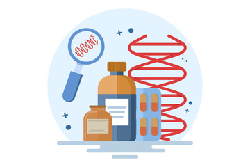 Concept of pharmaceutical drug products produced from biological sources. Biopharmaceutical products, biopharmacological products, medical products, natural pharmaceuticals. Flat vector illustration.