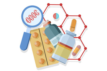 Concept of pharmaceutical drug products produced from biological sources. Biopharmaceutical products, biopharmacological products, medical products, natural pharmaceuticals. Flat vector illustration.