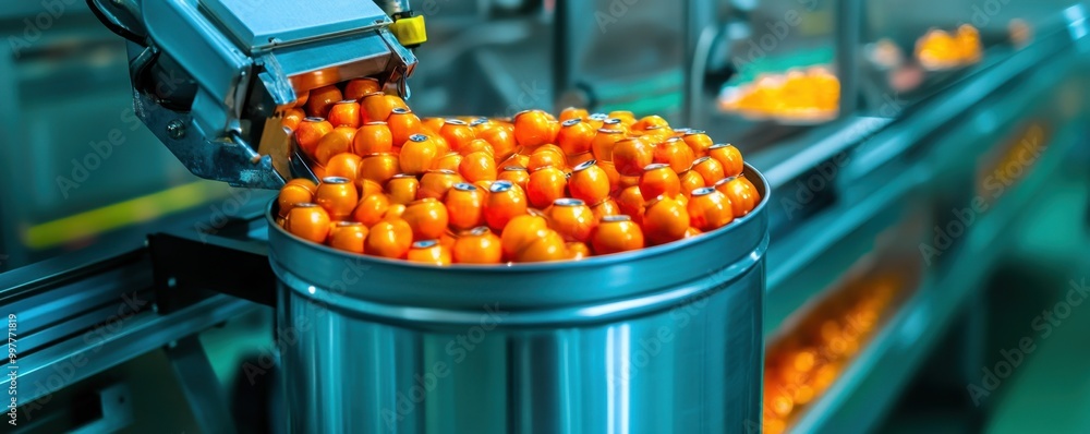 Poster modern automated food canning line in action, filling and sealing cans at high speed
