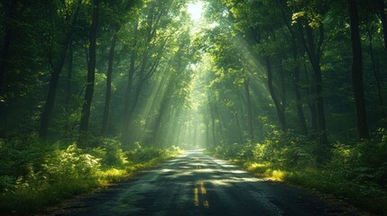 Obraz premium Sunlight filters through trees on a peaceful forest road.