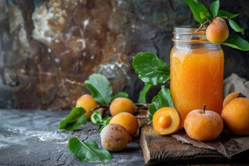 Fresh Apricot Juice in a Glass Jar with Whole Apricots, Rustic Background for a Natural Refreshment