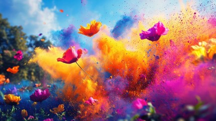 Bright colorful powder fills the air with vibrant hues celebrating the joy and excitement of a cultural festival
