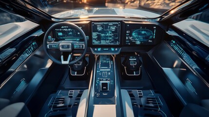 Obraz premium Cockpit of the autonomous car concept. Driverless car. Self-driving vehicle. UGV