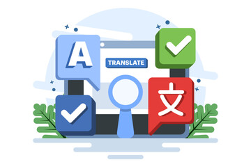 Translation concept, Translate language, Online translator mobile app on device, perform language translation. Flat illustration vector template on background.