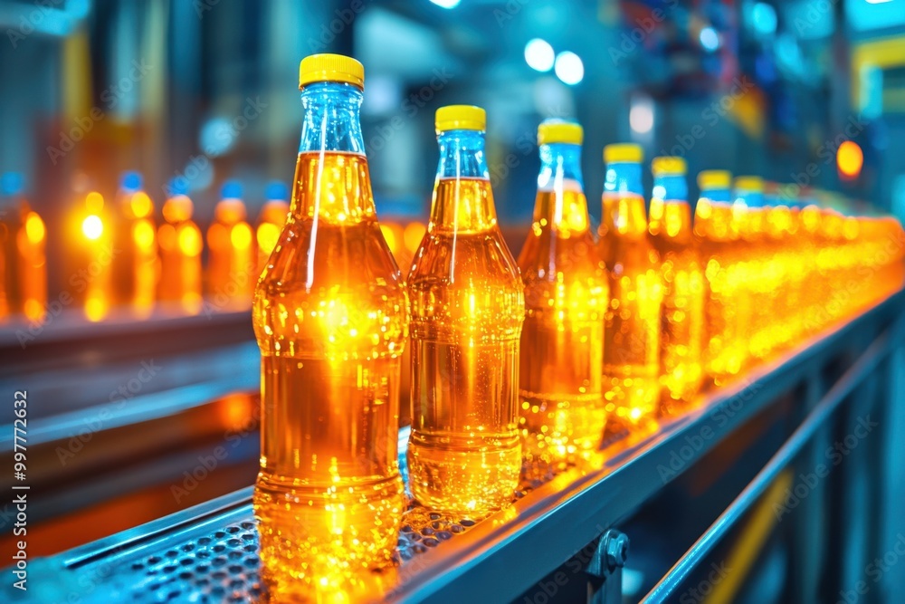 Poster automated bottling plant: bottles being filled and processed in beverage filling machine for manufac