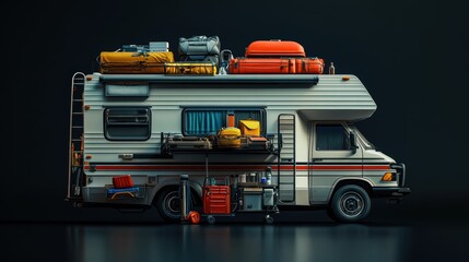 Fototapeta premium Photography of Camping Equipment of Traveler with Motorhome 16 pieces with vibrant colors on a black background. 3D render realistic. for stock photo.