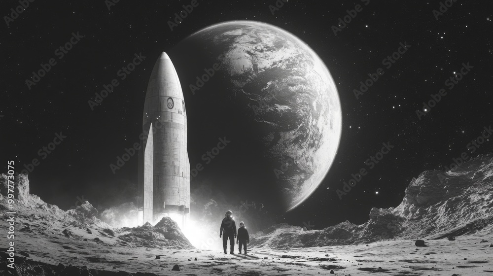 Poster two astronauts, wearing spacesuits, stand on the surface of the moon, looking towards a rocket that 