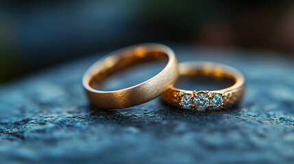 close-up shot of two gold wedding rings resting on textured fabric, symbolizing eternal love, commitment, and the sacred bond of marriage, highlighting the timeless significance of union