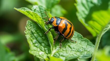 Fototapeta premium Colorado potato beetle eats green potato leaves closeup. Leptinotarsa decemlineata. Adult colorado beetle, pest invasion, parasite destroy potato plants, farm damage. Protecting plants concept