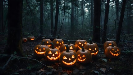 A spooky jack-o-lantern glows in the dark forest, surrounded by autumn leaves, capturing the essence of Halloween