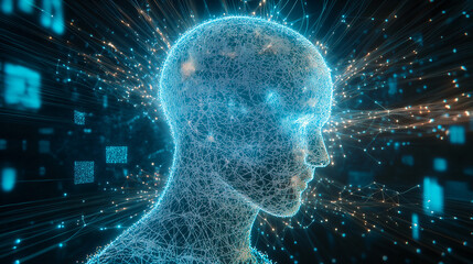 computer generated image of a head with a blue face and orange eyes. The image is a representation of the future of technology and the potential of artificial intelligence