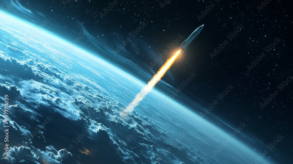 Poster a rocket ascends powerfully from earth's atmosphere, leaving a trail of fire and smoke. the curvatur