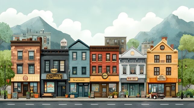 An artistic depiction of your town historic main street, with classic storefronts and local symbols, captured in a retro-inspired design
