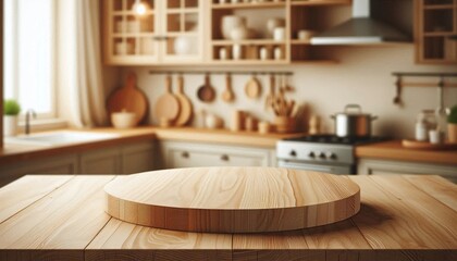 Empty wooden countertop on a kitchen blur background. Wood tabletop for product presentation.