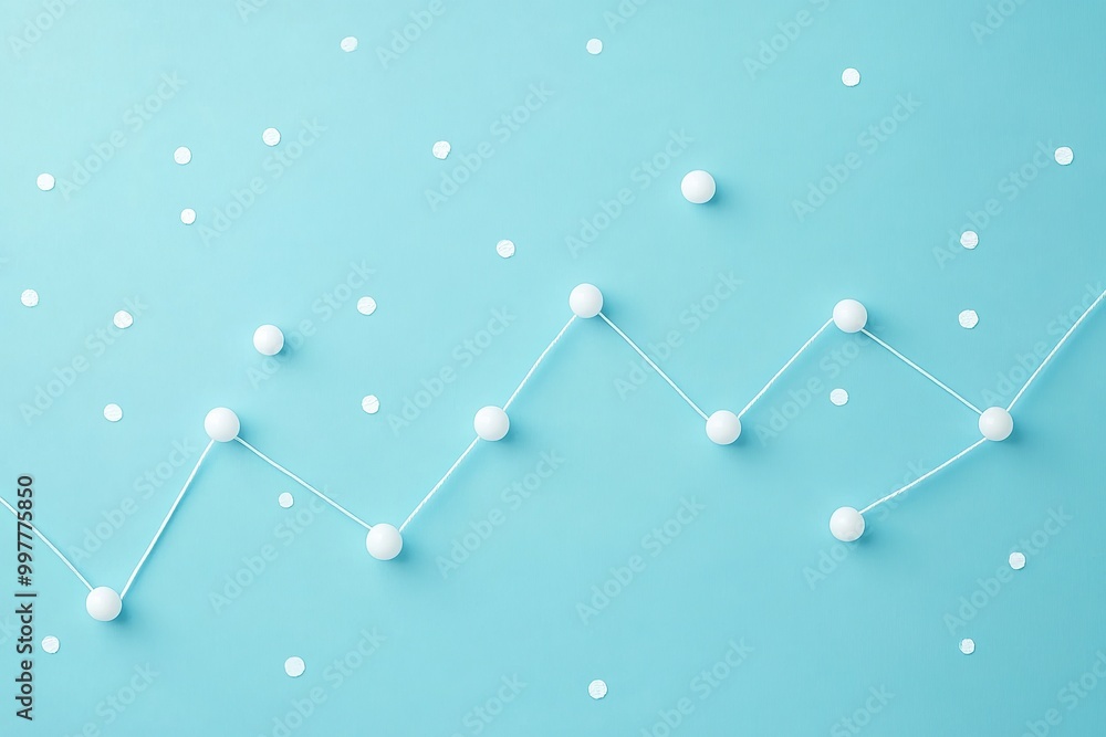 Poster simple line graph going up on blue background, simple shapes, white string and dots in the shape