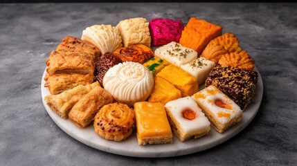 Colorful assortment of traditional sweets on a marble platter