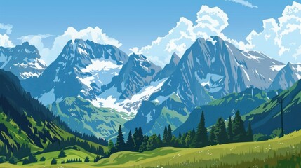 "Illustrated landscape of mountains with snow and green fields. Nature and travel concept."
