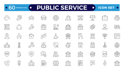 Public service Outline icon collection set. Containing policy, needs, community, government employee, public finance, interest, volunteer, Gas, electricity, and water. Editable stroke outline icon.
