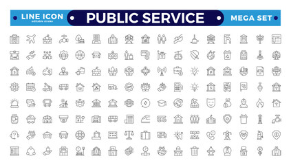 Public service Outline icon collection set. Containing policy, needs, community, government employee, public finance, interest, volunteer, Gas, electricity, and water. Editable stroke outline icon.
