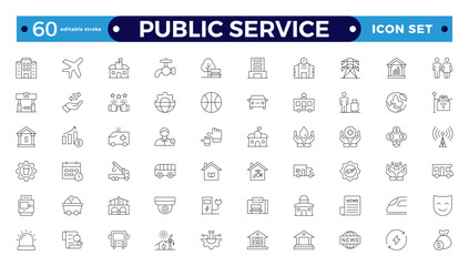 Public service Outline icon collection set. Containing policy, needs, community, government employee, public finance, interest, volunteer, Gas, electricity, and water. Editable stroke outline icon.

