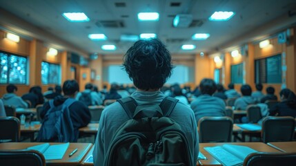 University Students Taking Exam in Classroom, Back View with Education Blur Background