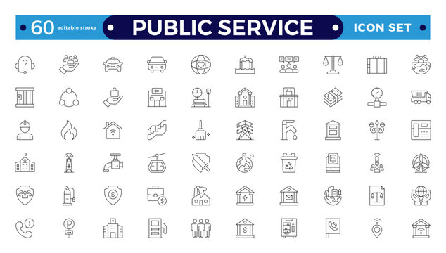 Public service Outline icon collection set. Containing policy, needs, community, government employee, public finance, interest, volunteer, Gas, electricity, and water. Editable stroke outline icon.
