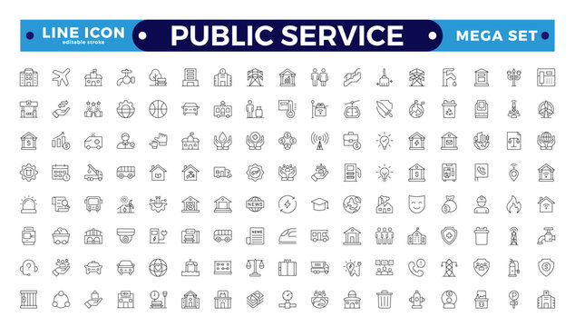 Public service Outline icon collection set. Containing policy, needs, community, government employee, public finance, interest, volunteer, Gas, electricity, and water. Editable stroke outline icon.
