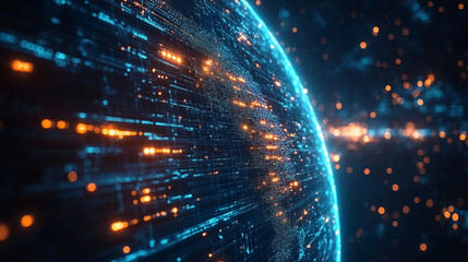 futuristic digital landscape showcasing global connectivity. Streams of binary code and interconnected lines symbolize the flow of information, data exchange, and modern communication across the world