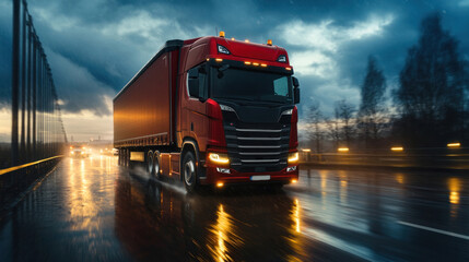 Autonomous truck carrying cargo across a bridge, using AI to navigate and manage the logistics of the journey