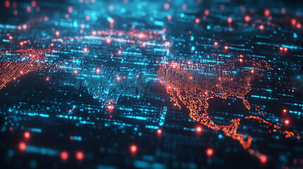 futuristic digital landscape showcasing global connectivity. Streams of binary code and interconnected lines symbolize the flow of information, data exchange, and modern communication across the world