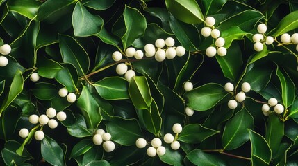 Mistletoe leaves with vibrant green and white berries forming a natural and festive composition for the holiday season