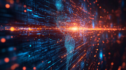 futuristic digital landscape showcasing global connectivity. Streams of binary code and interconnected lines symbolize the flow of information, data exchange, and modern communication across the world