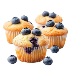 Blueberry muffins isolated on white background, showcasing their fluffy texture and vibrant berries. cutout PNG