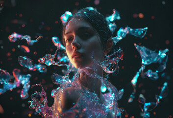 woman with water floating around her head and body