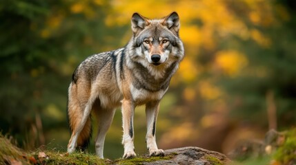 Close-up view of a gray wolf standing confidently in a natural wilderness background blending into the forest scenery