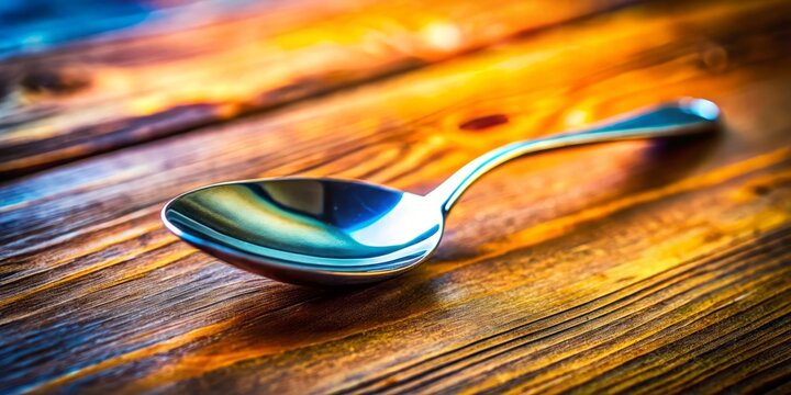 A beautifully crafted silver tablespoon rests on a wooden table, with a softly blurred background, perfect for culinary