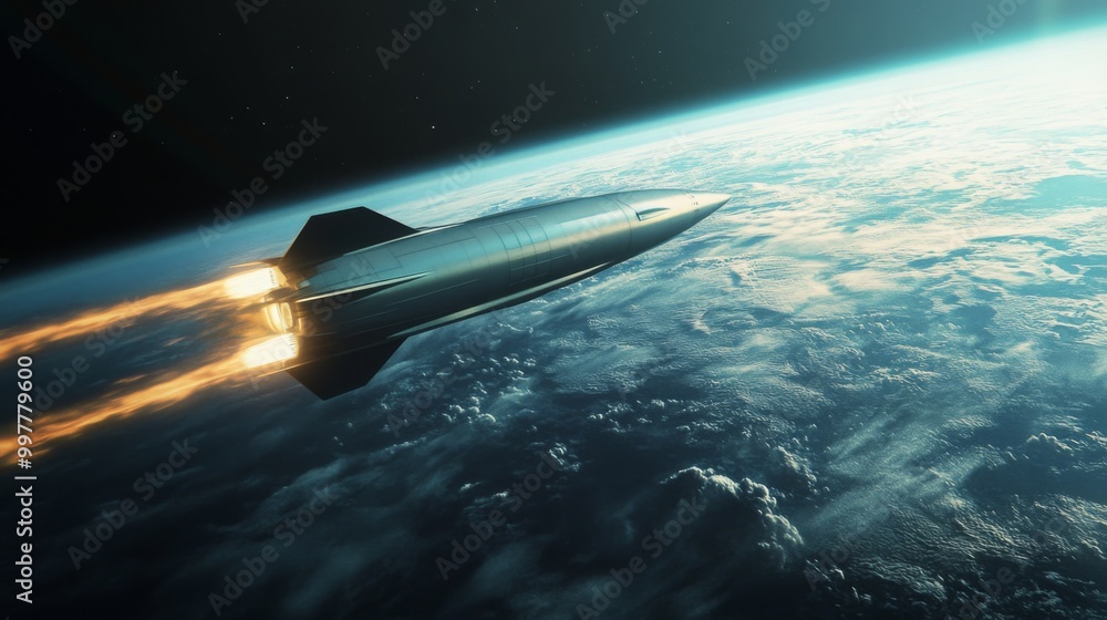 Poster a silver spacecraft with a pointed nose is seen ascending from the earth. it is leaving a trail of o