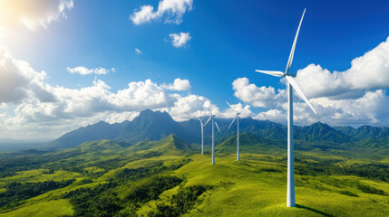 Solar panels and wind turbines generating renewable energy, stored in a shared battery system for long-term use