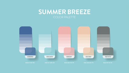 Color palette guide in Summer breeze colour theme collections. Color inspiration or chart with codes template. Color combination RGB. Colors swatches for graphic design, art, fashion, web or painting.