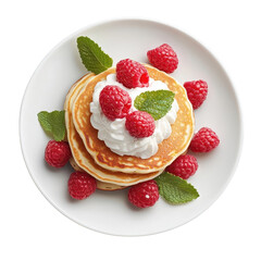 Raspberry pancakes served on a white plate, isolated to showcase their classic presentation and colorful toppings. cutout PNG